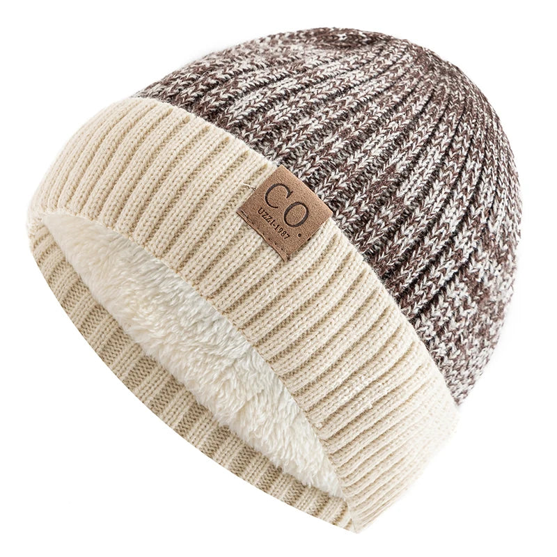 Unisex Two-Tone Winter Beanie - Fur-Lined Knitted Hat for Men and Women, Casual Fashion Warm Cap