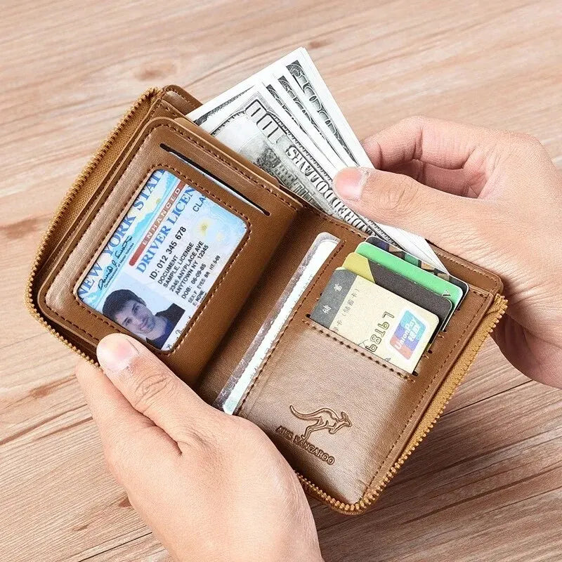 Men's Leather Wallet - Luxury Business Card Holder with Zipper and RFID Protection