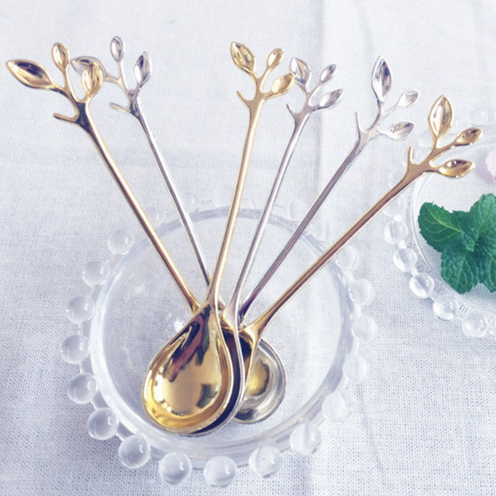 1/5PCS  Tree Leaf Stainless Steel Gold Spoons