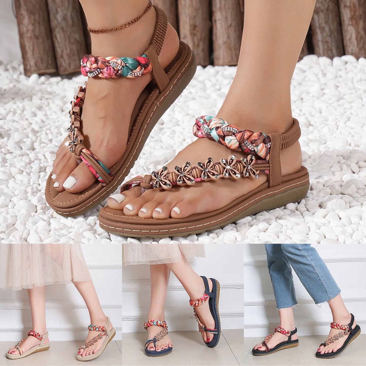 Women Wedges Bohemian Sandals Summer 2024 Flower Non Slip Beach Sandalias Mujer Elastic Band Low Heels Roman Shoes Woman