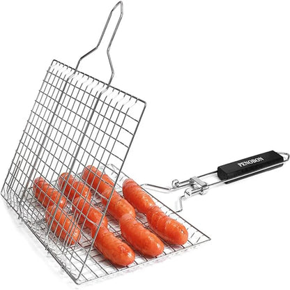 Grill Basket Folding Portable Stainless Steel BBQ Grill Basket With Handle for Fish Vegetables Shrimp Cooking Accessories - Hiccupzz