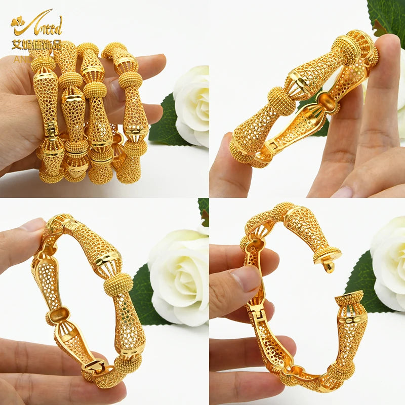 Women Charm Bracelet Bangle, 24K Gold Color Jewelry, Dubai Flower Bangle Brand, African Designer Ethiopian Hawaiian Jewelry