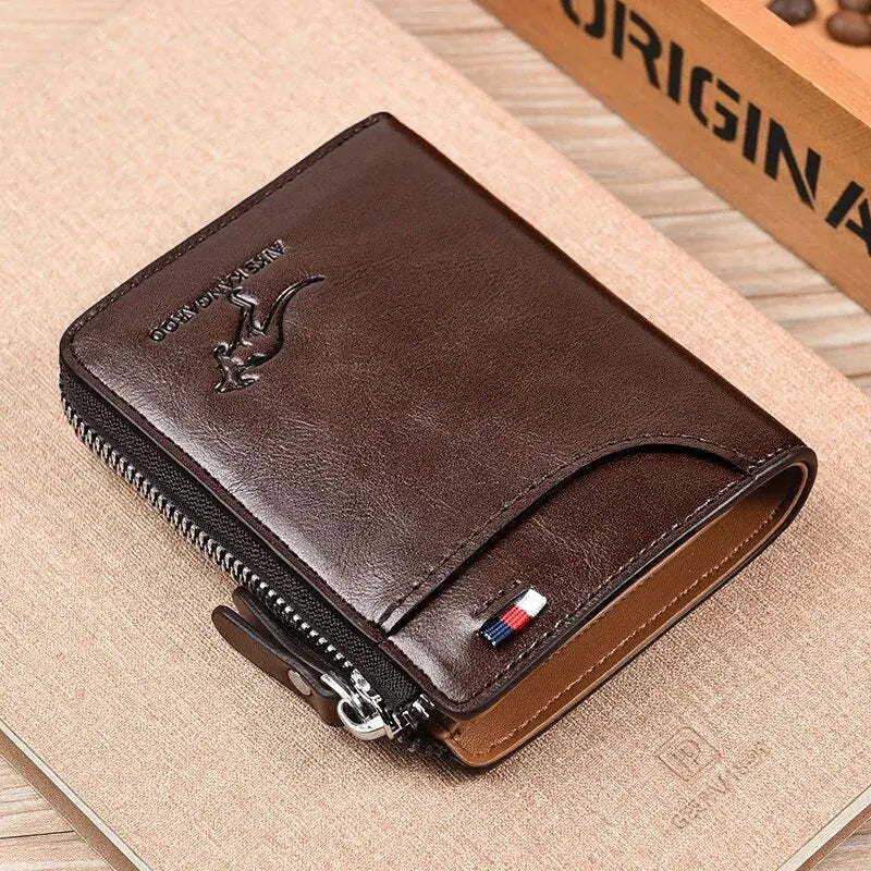 Men's Leather Wallet - Luxury Business Card Holder with Zipper and RFID Protection