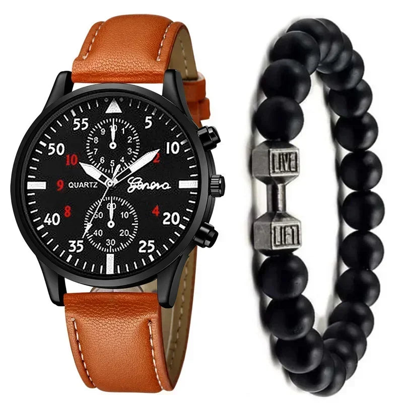 1/2/4 Pcs Men's Sports Watch Set - Business Quartz Wristwatch with Luxury Brown Leather Bracelet, Casual Design (No Box)