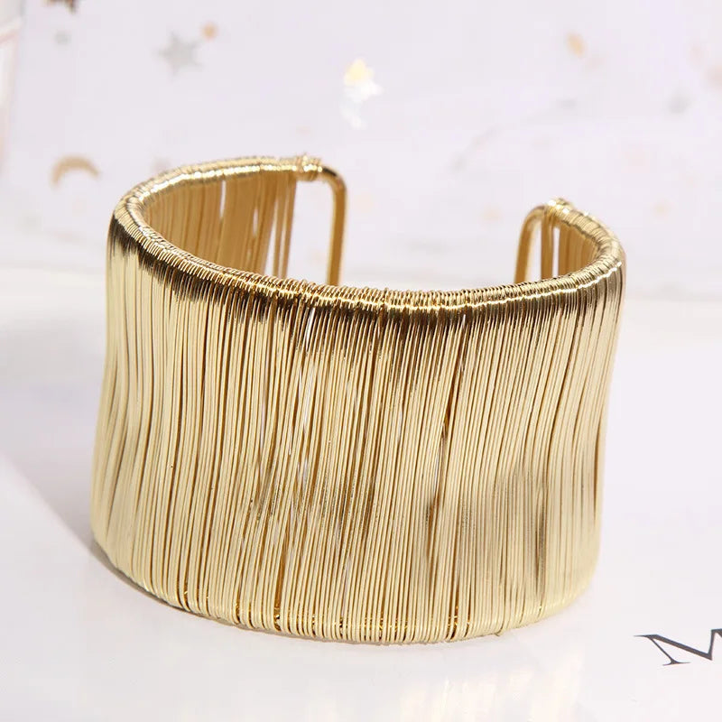 Punk Multilayer Metal Wire String Bracelets for Women, Vintage Exaggerated Gold Color Wide Open Cuff Bangles Jewelry - Hiccupzz