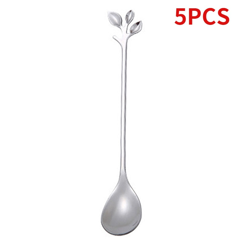 1/5PCS  Tree Leaf Stainless Steel Gold Spoons