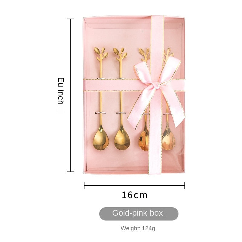 1/5PCS  Tree Leaf Stainless Steel Gold Spoons