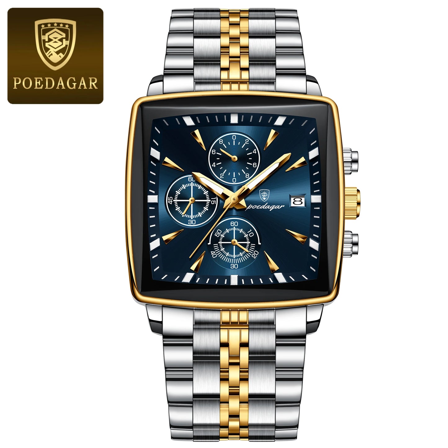 POEDAGAR Luxury Square Sport Watch for Men - Waterproof Luminous Chronograph, Stainless Steel Quartz