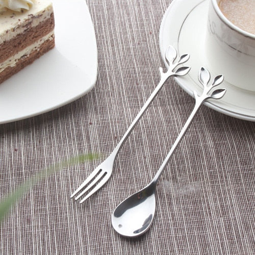 1/5PCS  Tree Leaf Stainless Steel Gold Spoons