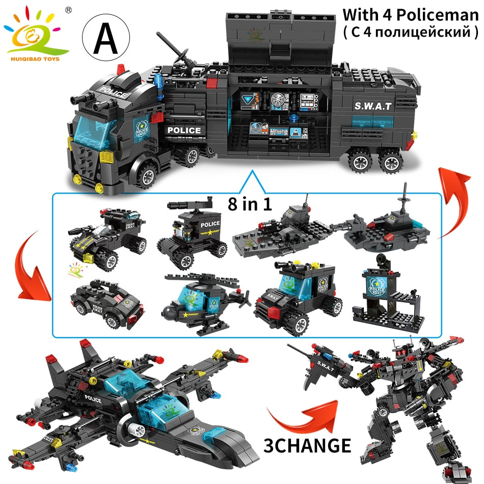 SWAT Police Station Truck Model Building Blocks City Machine Helicopter Car Figures Bricks Educational Toy For Children