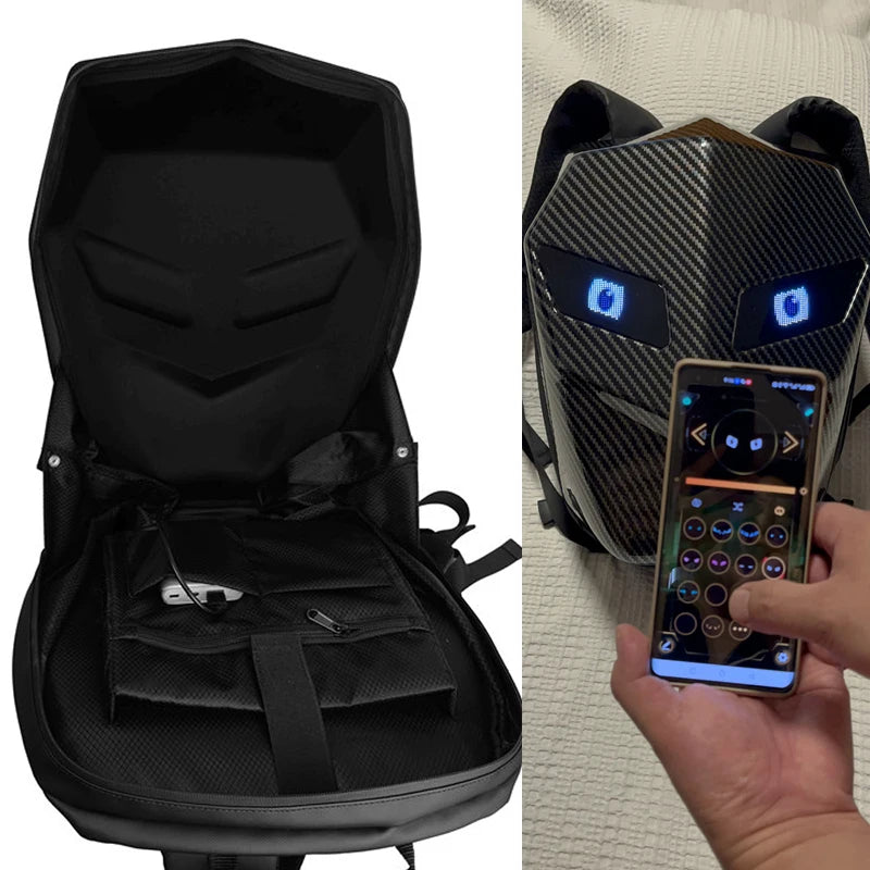 Motorcycle Backpack with LED EYE - DIY Riding Bag with APP Control, Hard Shell, Rainproof, Fits 14-Inch Notebook