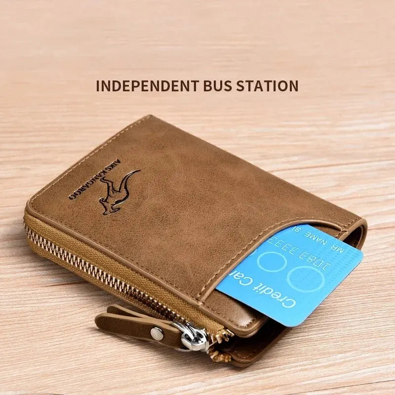 Men's Leather Wallet - Luxury Business Card Holder with Zipper and RFID Protection