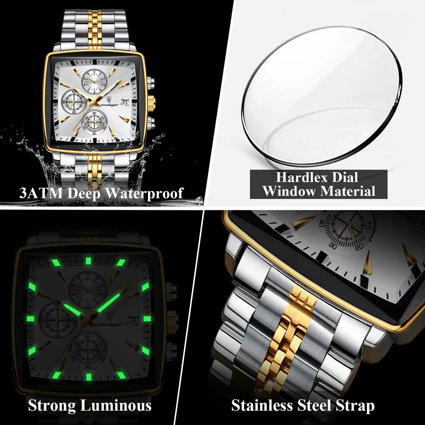 POEDAGAR Luxury Square Sport Watch for Men - Waterproof Luminous Chronograph, Stainless Steel Quartz