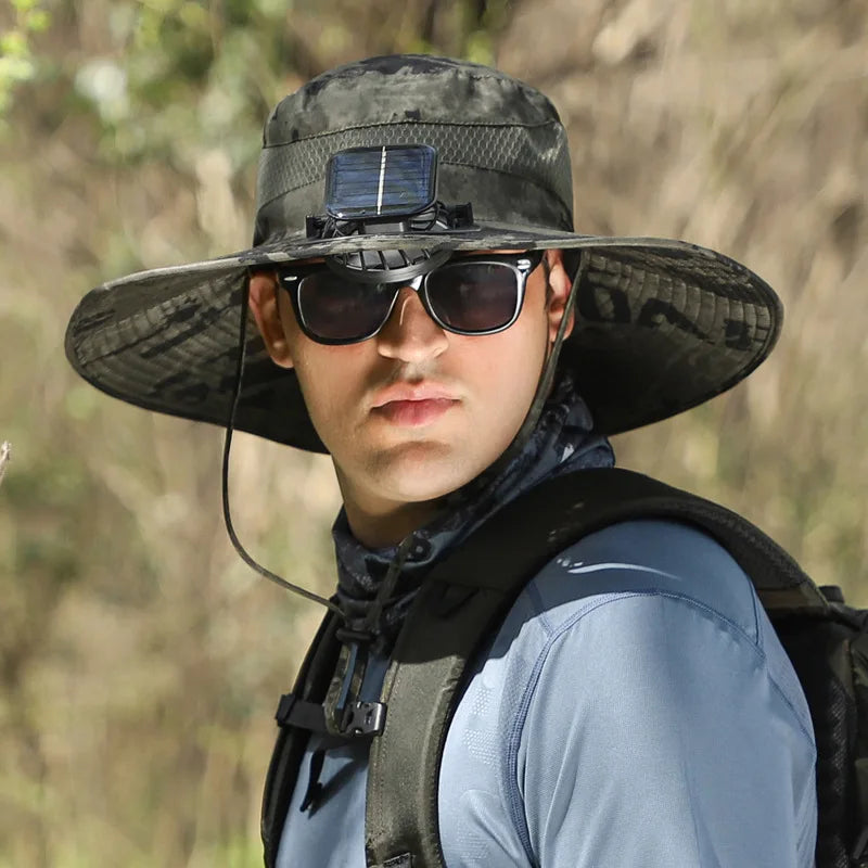 Sombrero de pescador con ventilador de viento grande recargable con energía solar