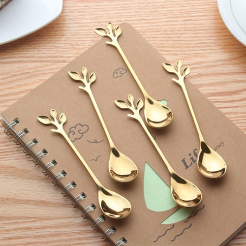 1/5PCS  Tree Leaf Stainless Steel Gold Spoons