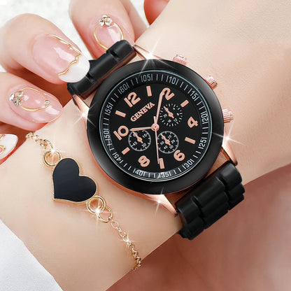 4 Pcs Geneva Women's Quartz Watch Set - Fashion Silicone Band with Heart Jewelry (Without Box)