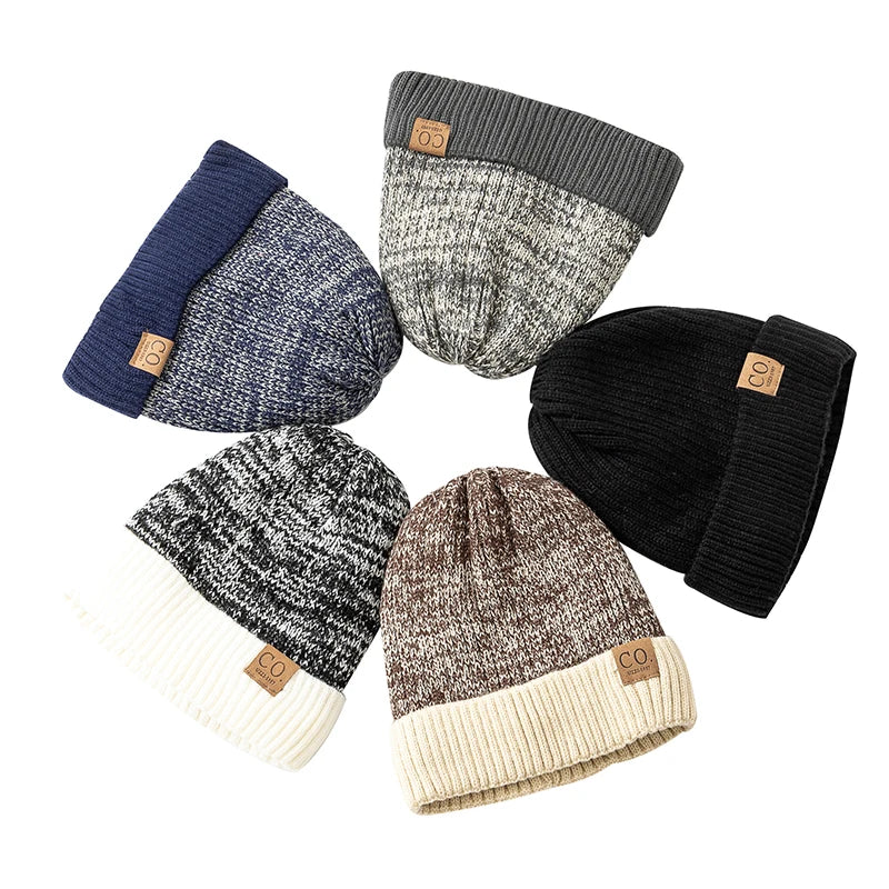 Unisex Two-Tone Winter Beanie - Fur-Lined Knitted Hat for Men and Women, Casual Fashion Warm Cap