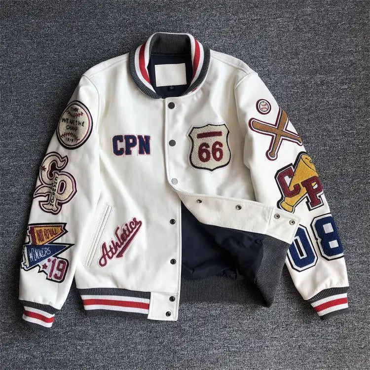 New Men's Winter Baseball Jacket - Retro Leather Jacket with Heavy Industry Embroidery, White Short Coat