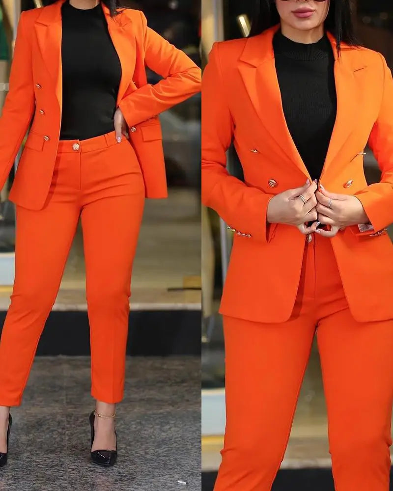 Casual Long Sleeve Suit Jacket Pants Set Office Lady Spring Autumn Elegant Solid Blouse Trousers Two Piece Set Women Outfit 2024