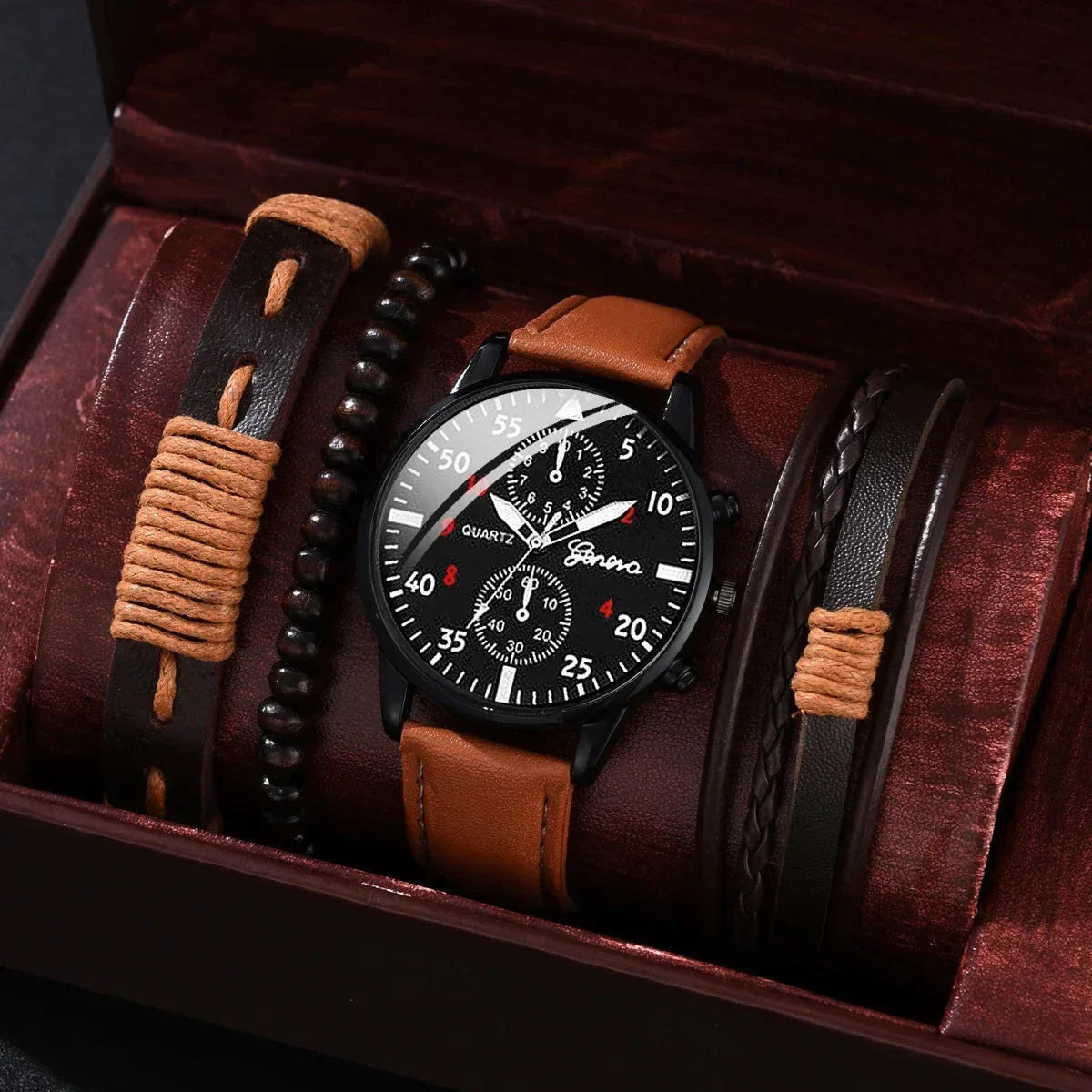 1/2/4 Pcs Men's Sports Watch Set - Business Quartz Wristwatch with Luxury Brown Leather Bracelet, Casual Design (No Box)