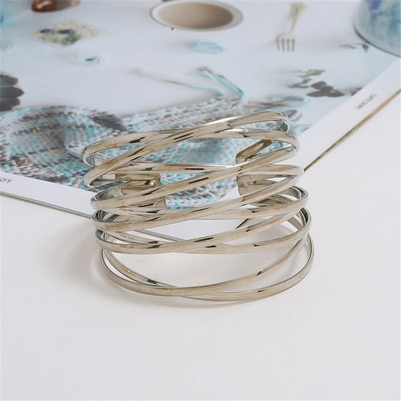 Punk Multilayer Metal Wire String Bracelets for Women, Vintage Exaggerated Gold Color Wide Open Cuff Bangles Jewelry - Hiccupzz