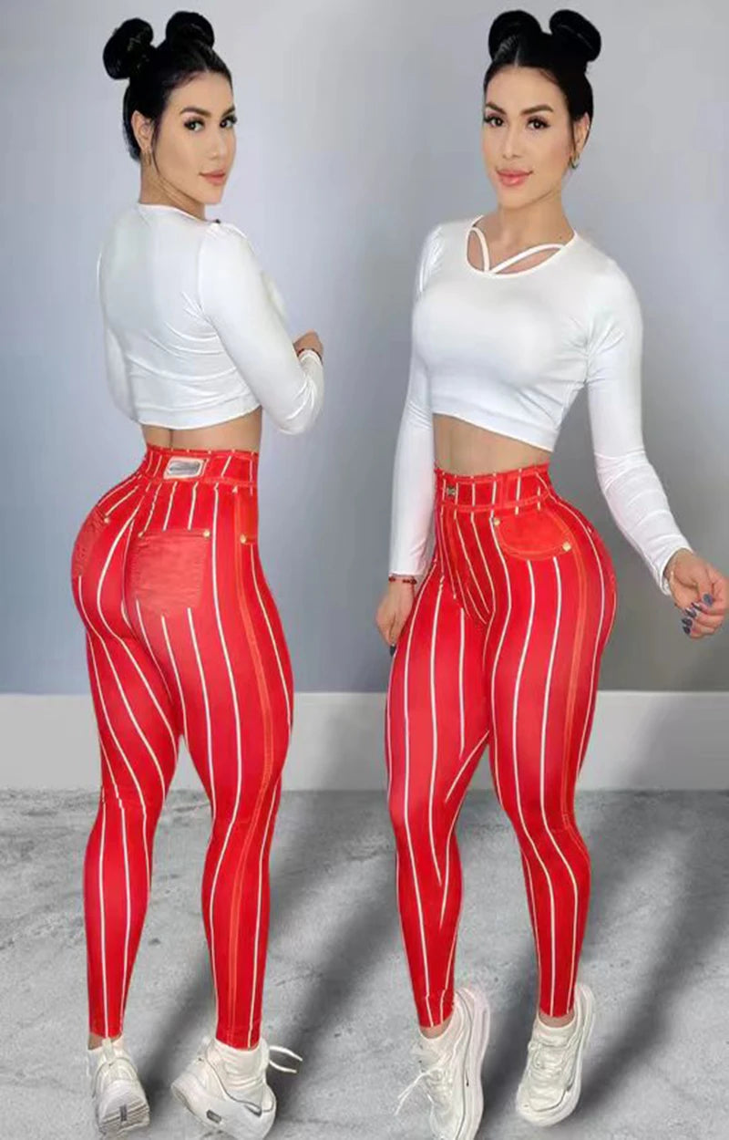 Women's High Waist Stripe Print Sports Leggings