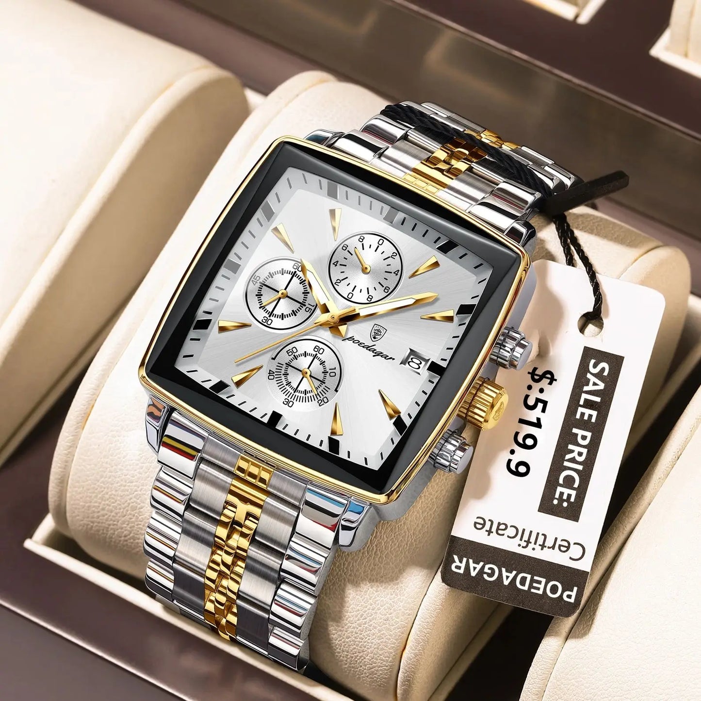 POEDAGAR Luxury Square Sport Watch for Men - Waterproof Luminous Chronograph, Stainless Steel Quartz