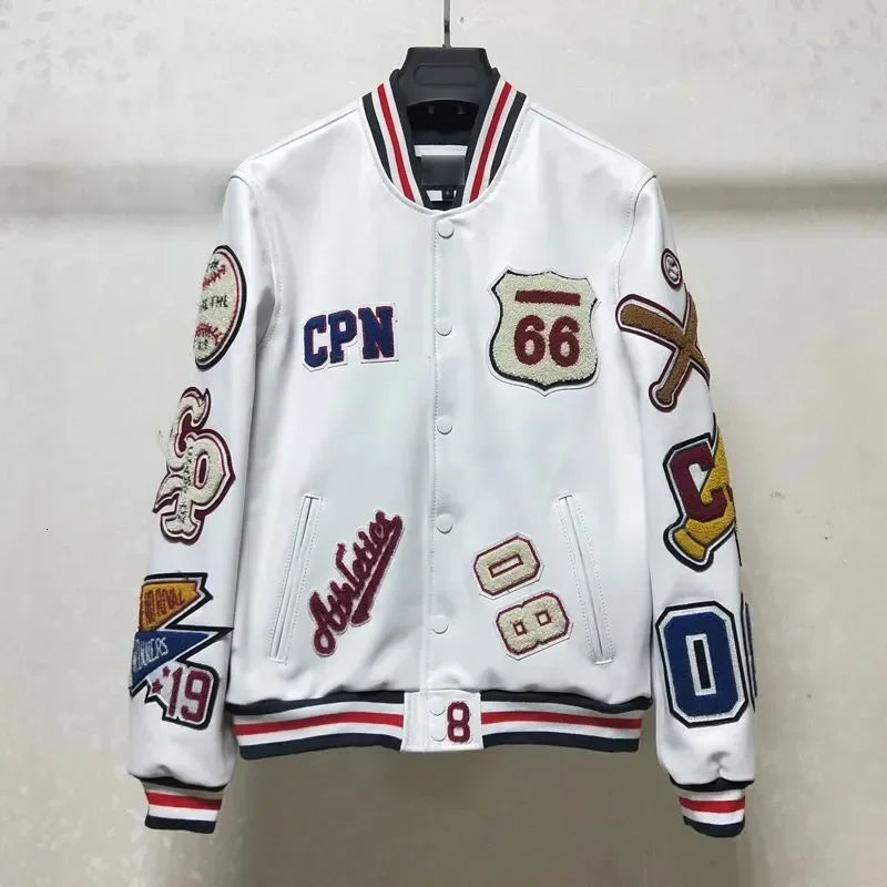 New Men's Winter Baseball Jacket - Retro Leather Jacket with Heavy Industry Embroidery, White Short Coat