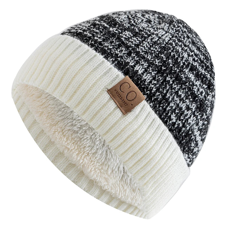 Unisex Two-Tone Winter Beanie - Fur-Lined Knitted Hat for Men and Women, Casual Fashion Warm Cap