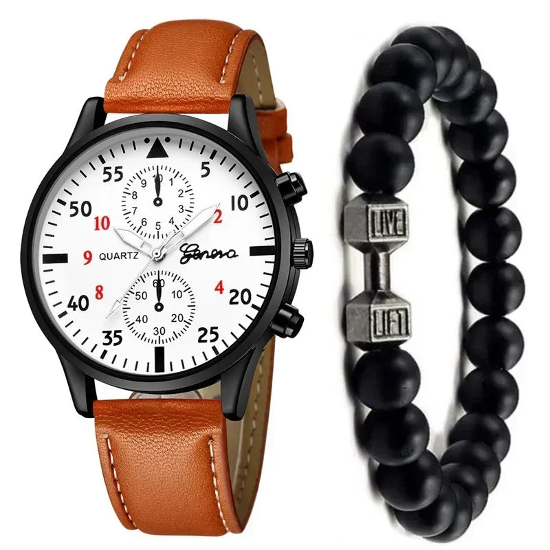 1/2/4 Pcs Men's Sports Watch Set - Business Quartz Wristwatch with Luxury Brown Leather Bracelet, Casual Design (No Box)