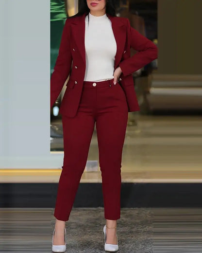 Casual Long Sleeve Suit Jacket Pants Set Office Lady Spring Autumn Two-Piece Outfit - Hiccupzz