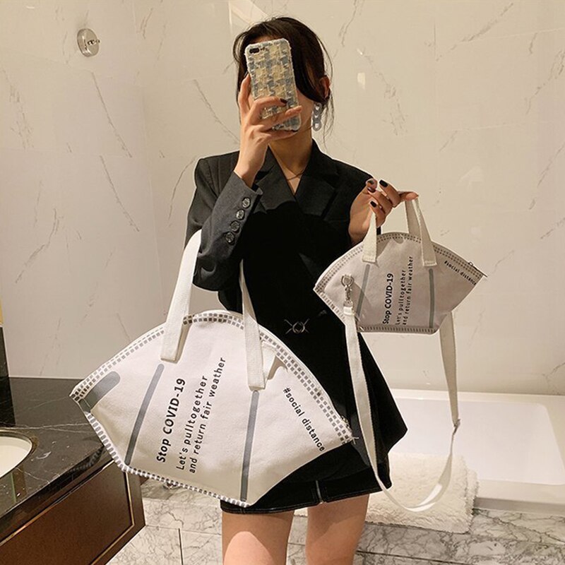 Women Funny Creative Large Mask Shopping Bag Canvas Shoulder Bag Home Storage Bag Handbag Tote Bag