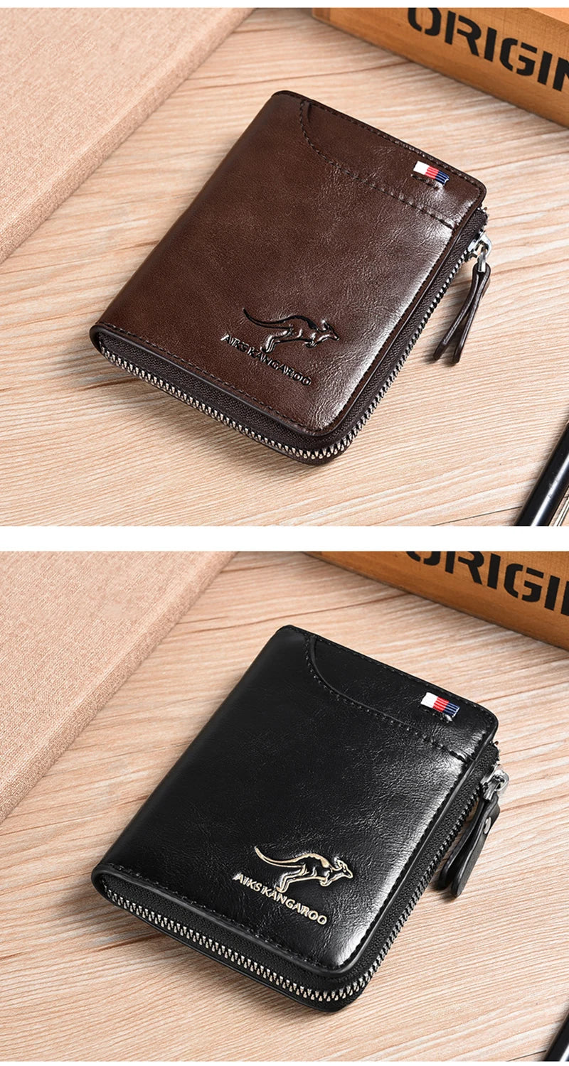 Men's Leather Wallet - Luxury Business Card Holder with Zipper and RFID Protection