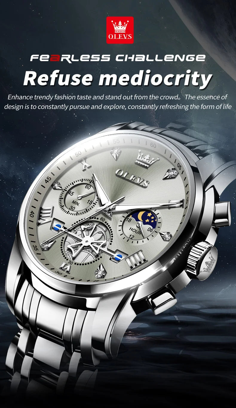 Men's Classic Multifunctional Watch - Flywheel Chronograph, Moon Phase, 24-Hour Waterproof Quartz Wristwatch