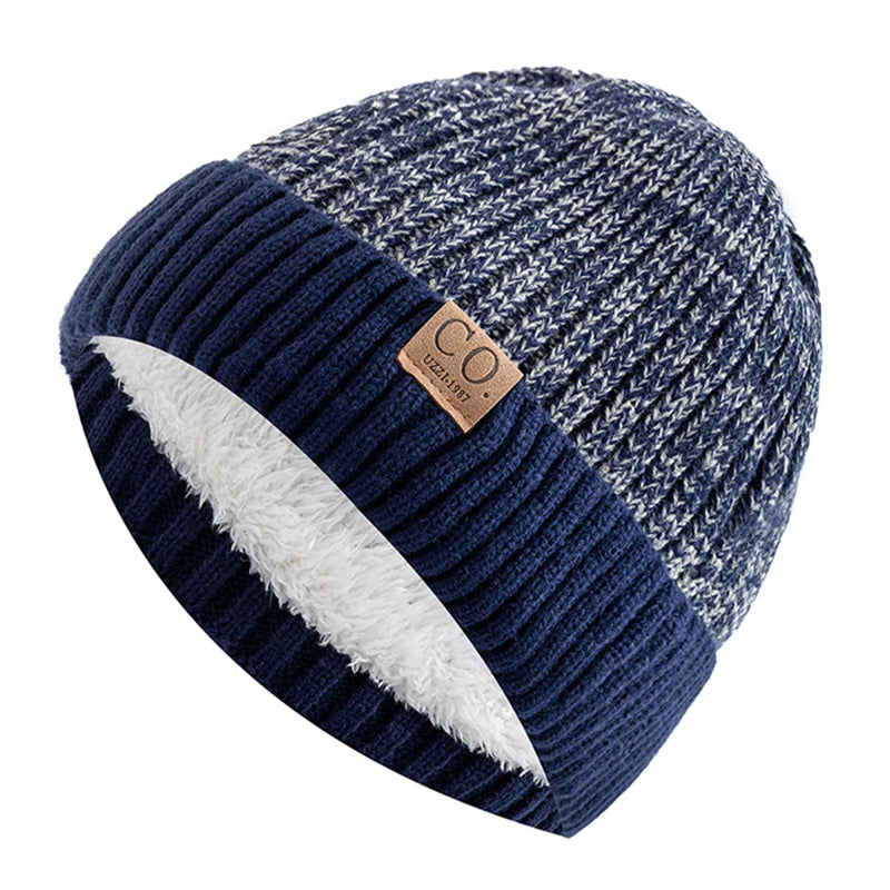 Unisex Two-Tone Winter Beanie - Fur-Lined Knitted Hat for Men and Women, Casual Fashion Warm Cap