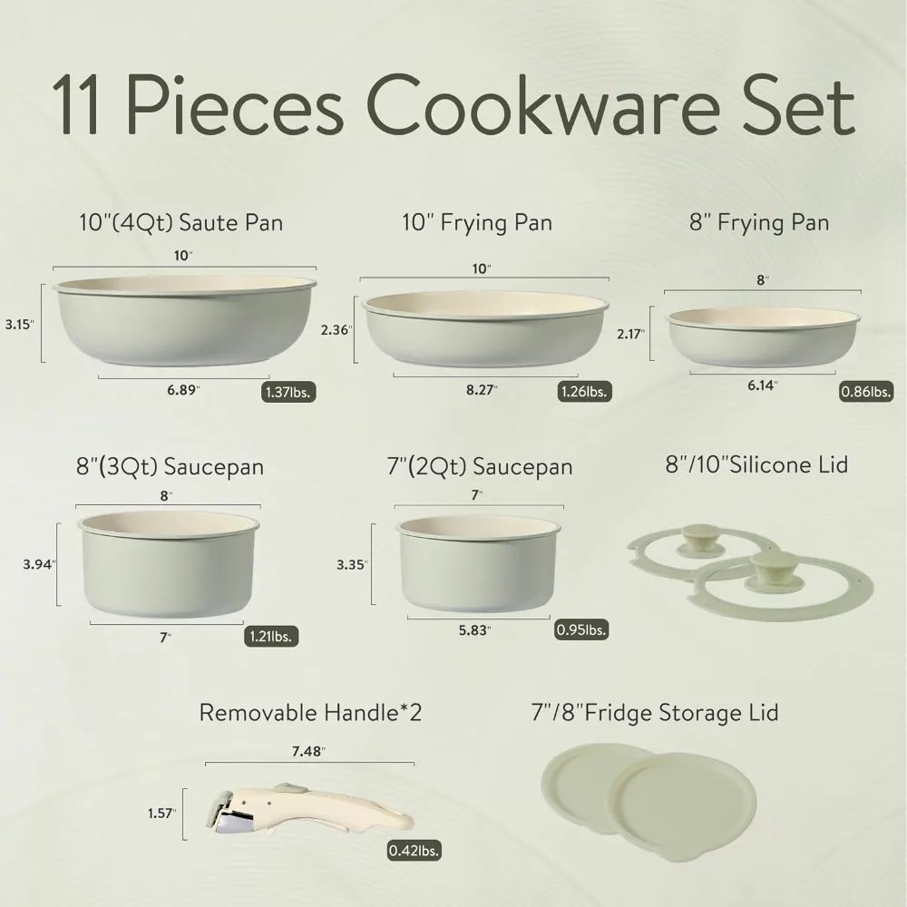 CAROTE 11pcs Pots and Pans Set, Nonstick Cookware Set Detachable Handle, Induction Kitchen Cookware Sets Non Stick