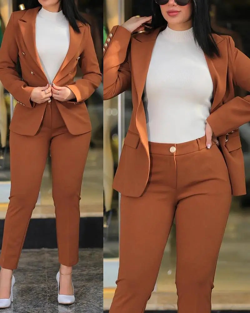 Casual Long Sleeve Suit Jacket Pants Set Office Lady Spring Autumn Elegant Solid Blouse Trousers Two Piece Set Women Outfit 2024