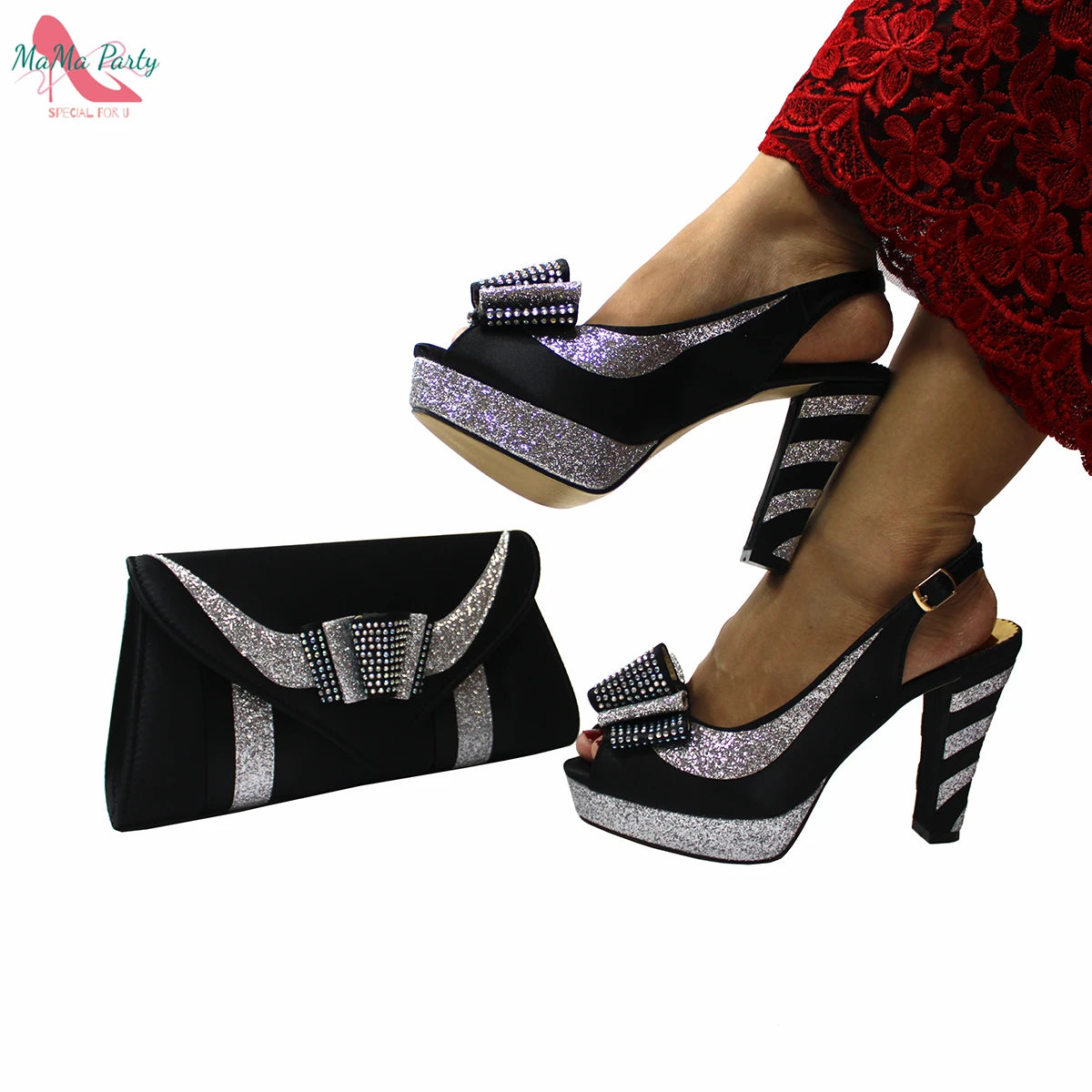 Elegant Style African Women Shoes Matching Hand Bag Set in Red  Color Slingbacks Sandals with Platform for Party