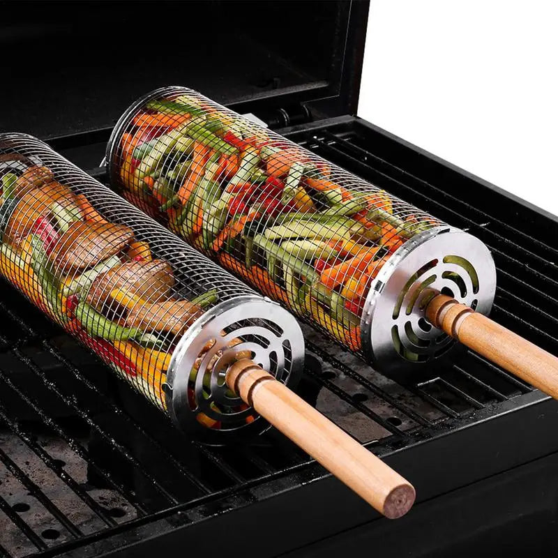 Portable BBQ Basket Stainless Steel Rolling Grilling Basket Wire Mesh Cylinder Grill Basket Round Outdoor Camping Barbecue Rack