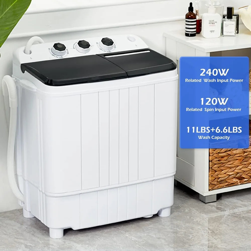 Portable Washing Machine 17.6Lbs Capacity Mini Compact Twin Tub Laundry Washer & Spinner with Gravity Drain Pump for Apartment - Hiccupzz