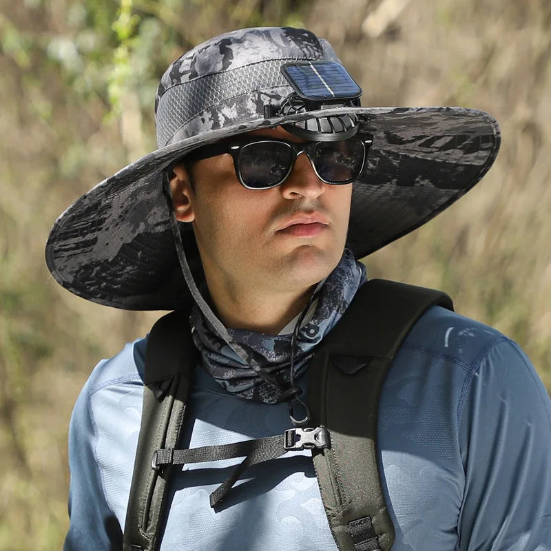 Sombrero de pescador con ventilador de viento grande recargable con energía solar