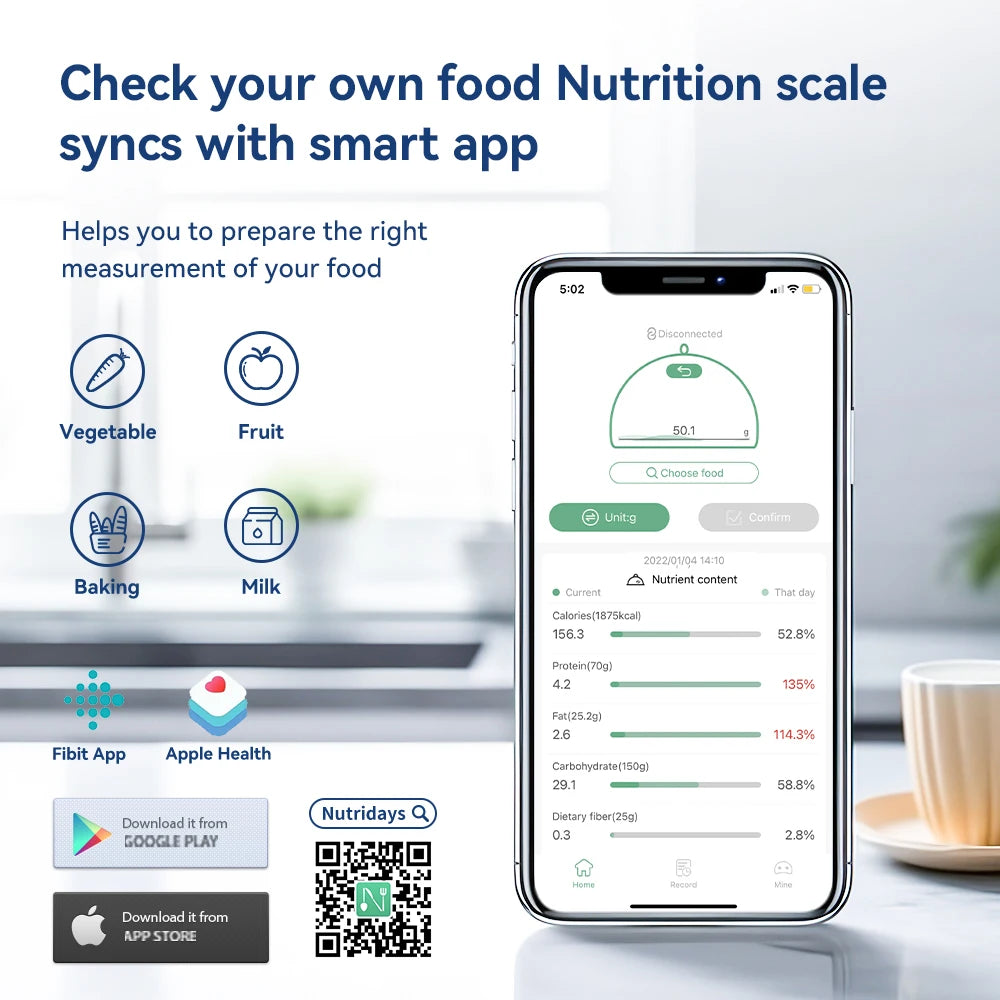 0-1kg/0.1g, 1-5kg/1g, Smart Kitchen Scales Nutrition Food with App