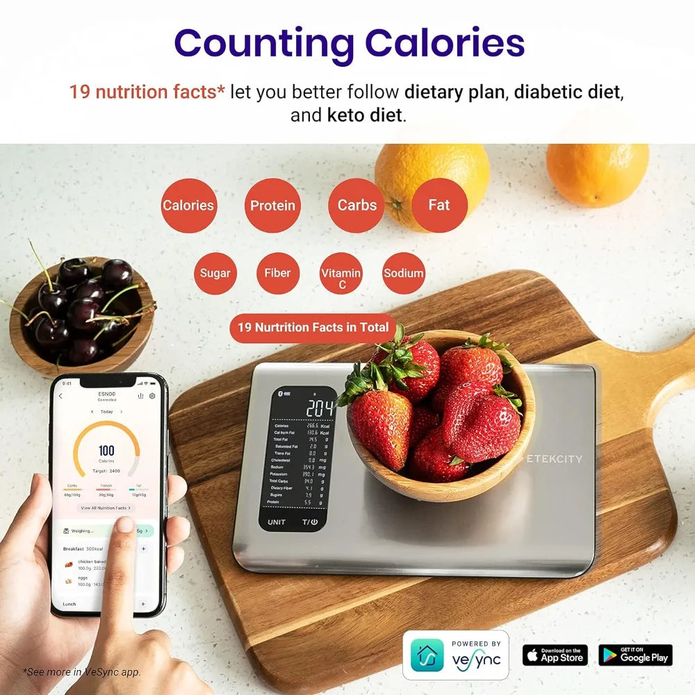 Food Kitchen Scale, Digital Grams and Ounces for Weight Loss With Smart Nutrition App