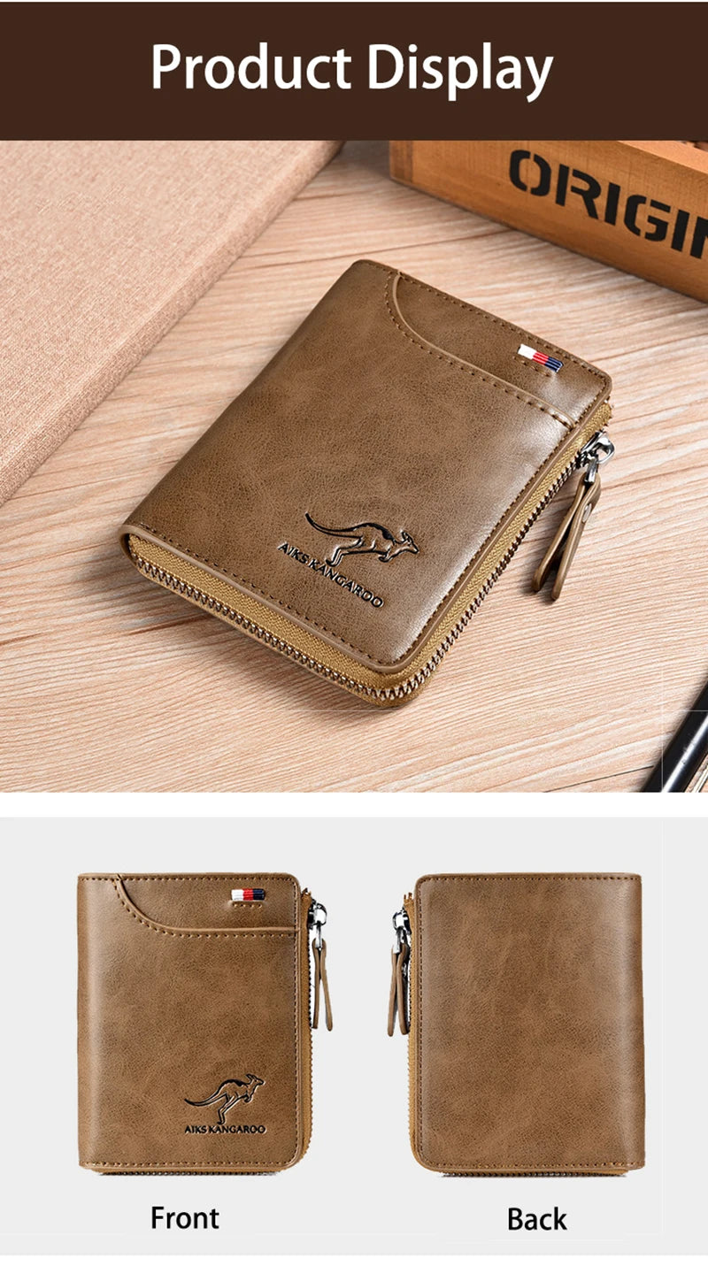 Men's Leather Wallet - Luxury Business Card Holder with Zipper and RFID Protection