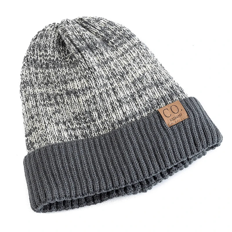 Unisex Two-Tone Winter Beanie - Fur-Lined Knitted Hat for Men and Women, Casual Fashion Warm Cap