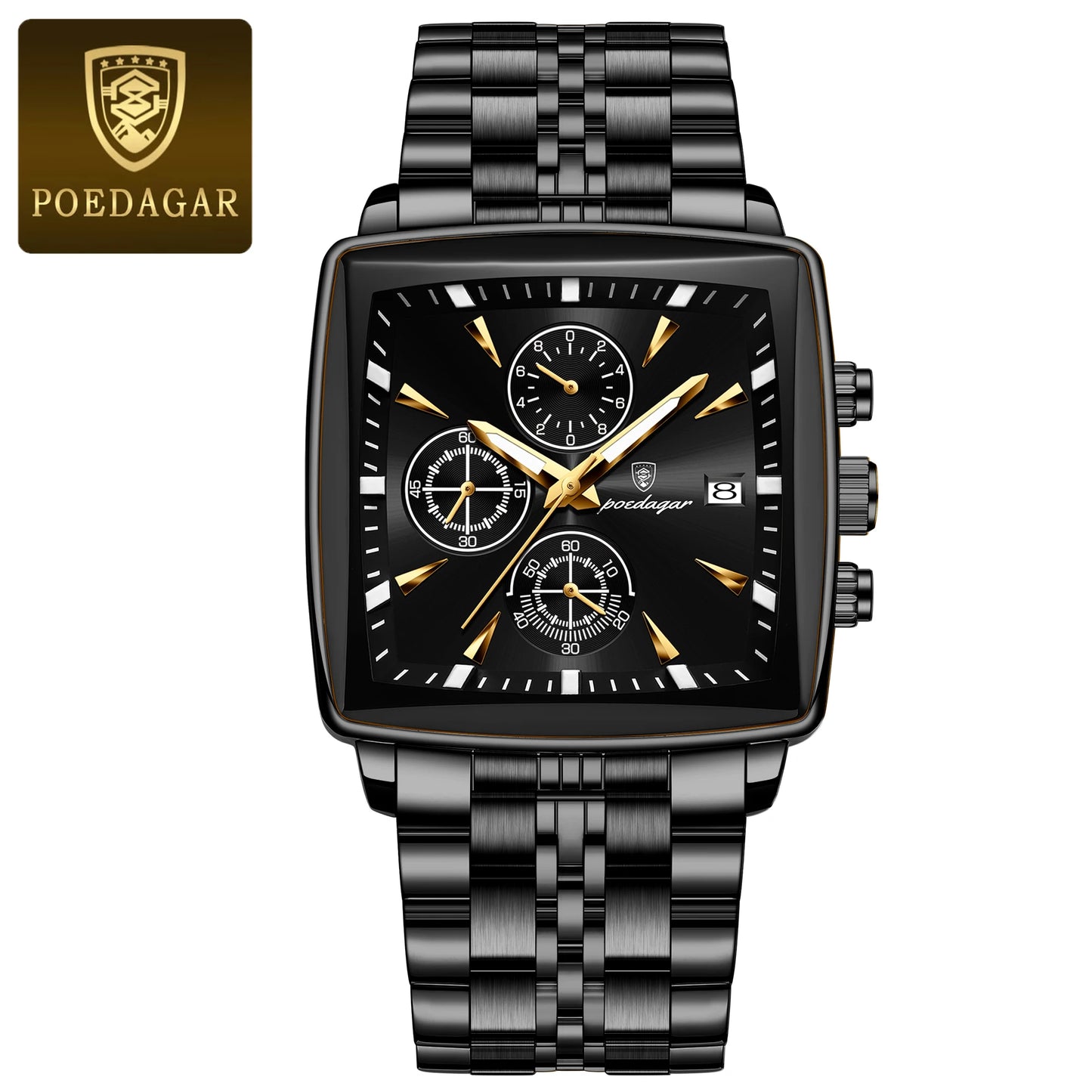 POEDAGAR Luxury Square Sport Watch for Men - Waterproof Luminous Chronograph, Stainless Steel Quartz