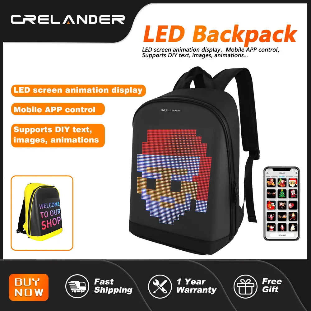 CRELANDER LED Backpack Waterproof Smart Bluetooth APP Control DIY Display Laptop School Bags For Men Women Mochila