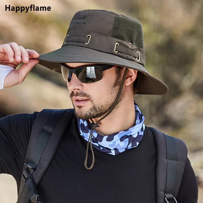 Men's Cap Breathable Mesh Solid Color Bucket Hat for Fishing, Camping & Hiking Anti-UV Sun Hat Wide Brim Fisherman Hat