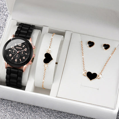 4 Pcs Geneva Women's Quartz Watch Set - Fashion Silicone Band with Heart Jewelry (Without Box)
