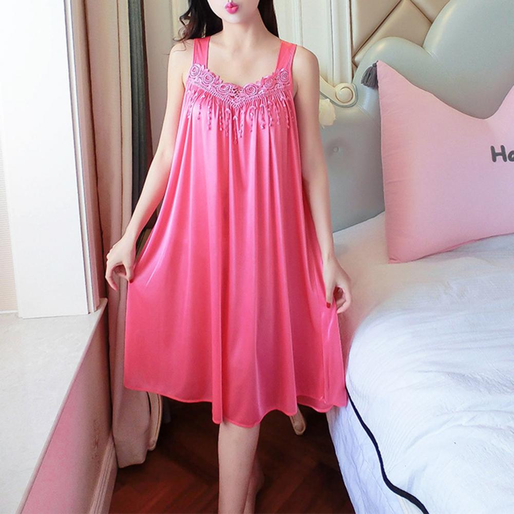 Hot！Women Night Dress Solid Color Sleeveless Knee Length Breathable Great Stitching Women Nightie Lady Pajamas for Female